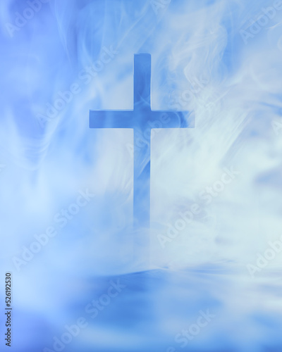 Christian cross in heavenly clouds, symbolizing heaven or spirituality.