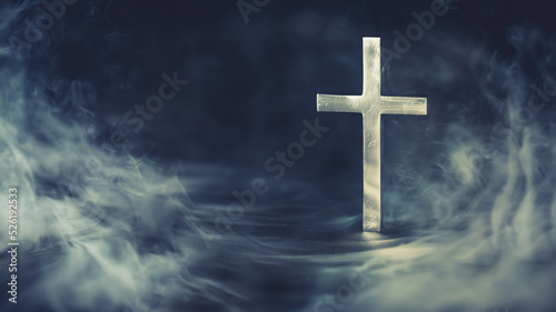 Fotografie, Obraz Christian cross in heavenly wallpaper with ethereal clouds, symbolizing heaven or spirituality