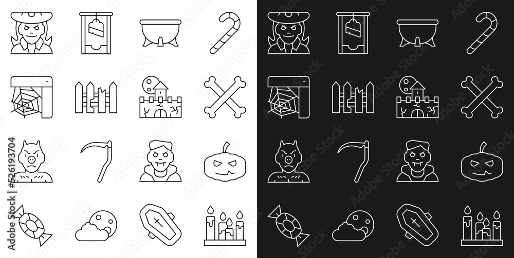 Set line Burning candle, Pumpkin, Crossed bones, Halloween witch cauldron, Garden fence wooden, Spider web, Witch and Castle, fortress icon. Vector Set line Burning candle, Pumpkin, Crossed bones, Halloween witch cauldron, Garden fence wooden, Spider web, Witch and Castle, fortress icon. Vector
