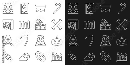 Set line Burning candle  Pumpkin  Crossed bones  Halloween witch cauldron  Garden fence wooden  Spider web  Witch and Castle  fortress icon. Vector