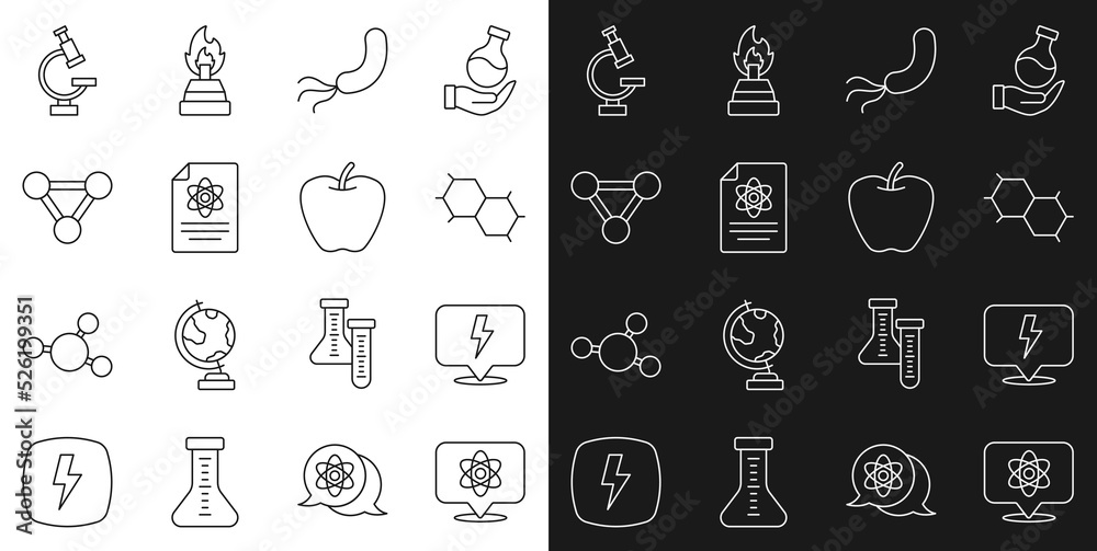 Set line Atom, Lightning bolt, Chemical formula, Bacteria, Chemistry report, Molecule, Microscope and Apple icon. Vector Set line Atom, Lightning bolt, Chemical formula, Bacteria, Chemistry report, Molecule, Microscope and Apple icon. Vector