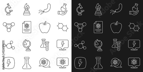 Set line Atom  Lightning bolt  Chemical formula  Bacteria  Chemistry report  Molecule  Microscope and Apple icon. Vector