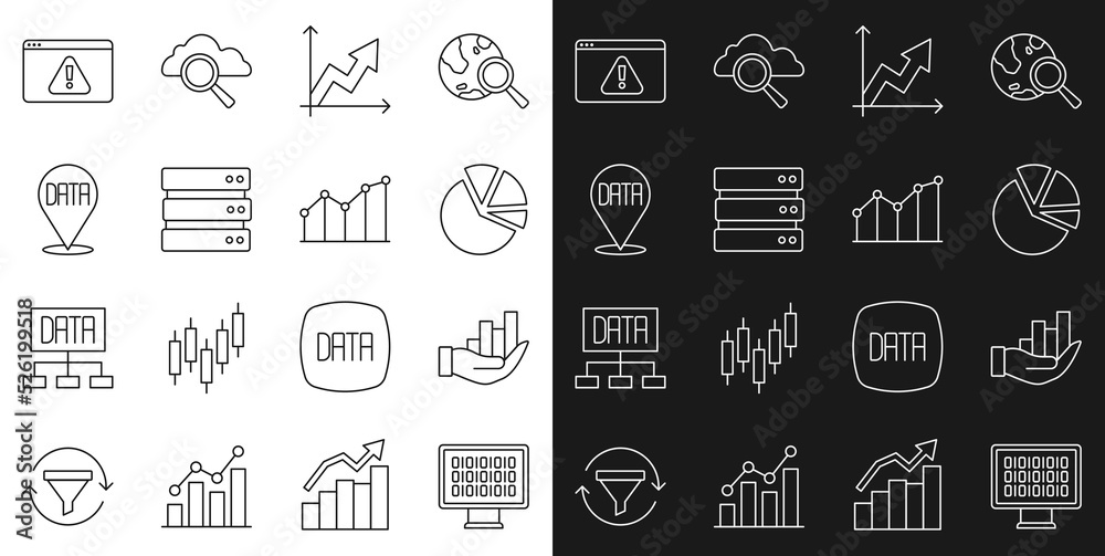 Set line Binary code, Pie chart infographic, Financial growth, Server, Data analysis, Browser with exclamation mark and icon. Vector