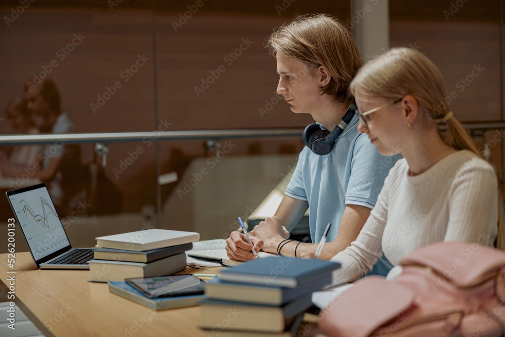 Fototapeta premium Students sit in the library and take notes while preparing for the exam