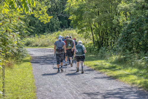 Group of people with walking sticks and hiking gear walking along a trail through woodland, daytime, sunny