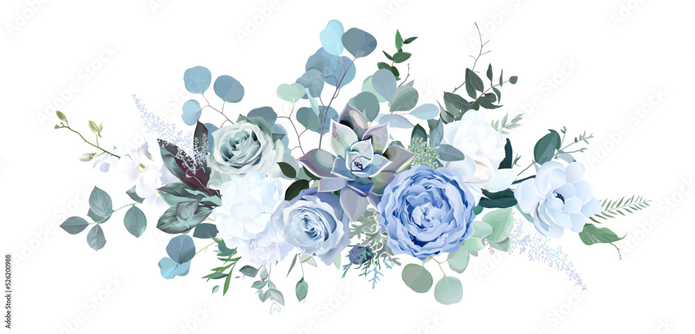 Dusty blue rose, white hydrangea, ranunculus, magnolia, anemone, succulent, greenery, juniper