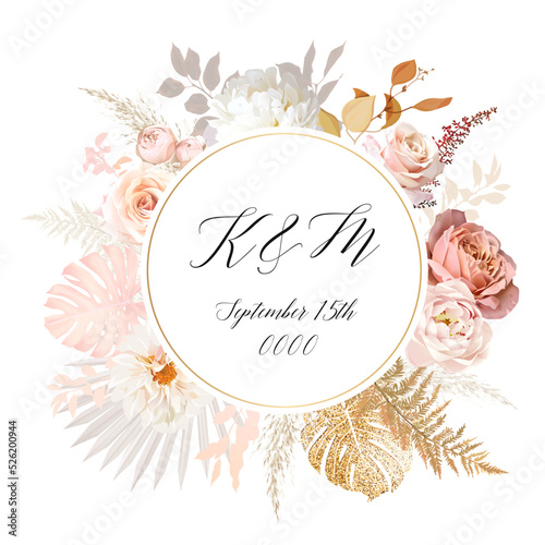 Rust orange and blush pink antique rose, beige and pale flowers, creamy peony, ranunculus