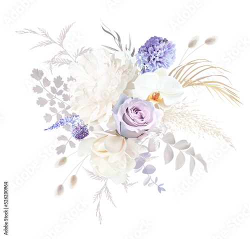Pale purple rose, dusty mauve and lilac hyacinth, allium, white magnolia, orchid, lagurus, lavender