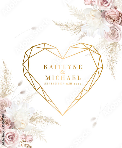 Flower geometric heart line art vector design frame. Wedding watercolor flowers