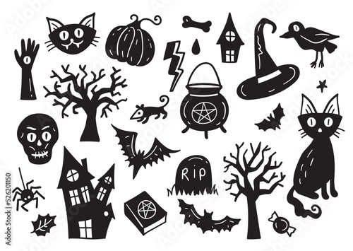 Halloween Drawings vector set of design elements. Set of hand drawn doodle. Pumpkin, ghost, black cat