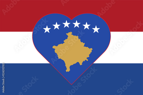 Flag of Kosovo in the form of a heart on the flag of the Netherlands. Allied support for Kosovo. Flat double flag - illustration.