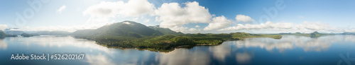 Aerial Panoramic View of Kennedy Lake during a vibrant sunny day. Located on the West Coast of Vancouver Island near Tofino and Ucluelet, British Columbia, Canada.