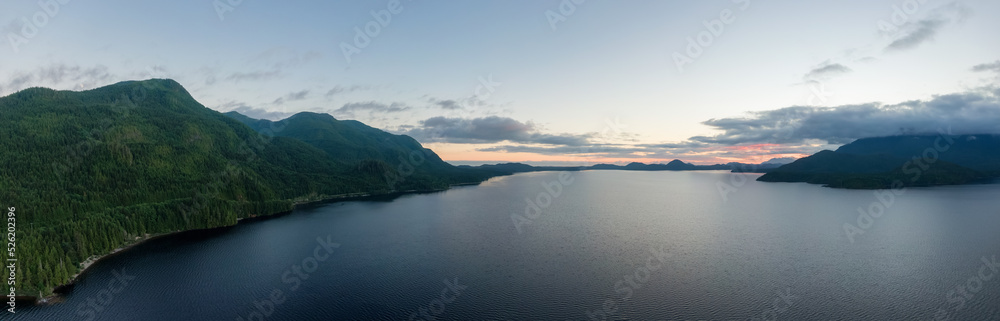 Fototapeta premium Aerial Panoramic View of Kennedy Lake. Near Ucluelet and Tofino, Vancouver Island, BC, Canada. Nature Background.