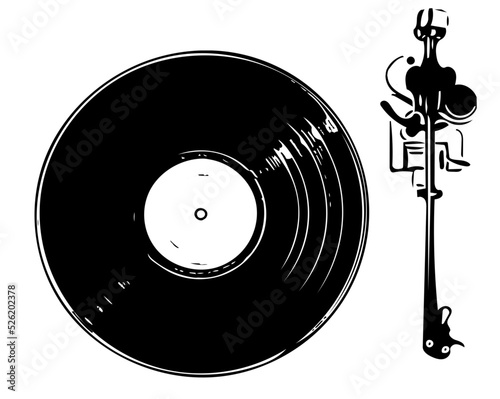 Vinyl record player, vinyl player illustration shot from above.