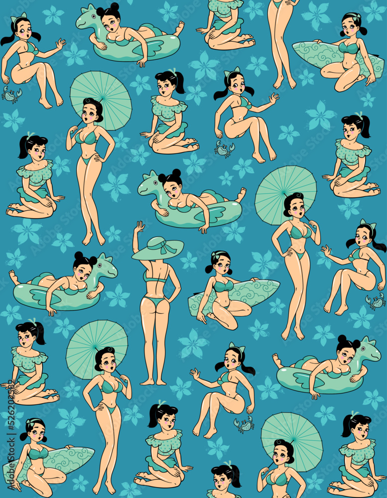 Seamless pattern with people, surfers carrying surfboards. Vector illustration for wrapping paper, fabric print, wallpaper.
