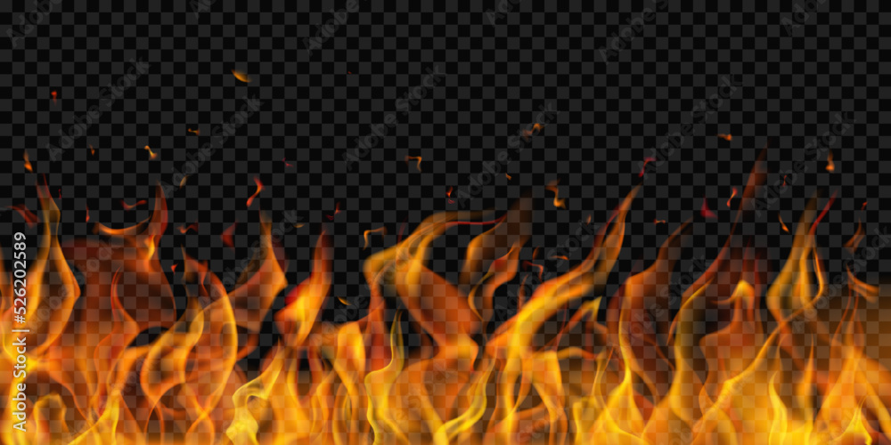 Translucent fire flames and sparks on transparent background. For used ...