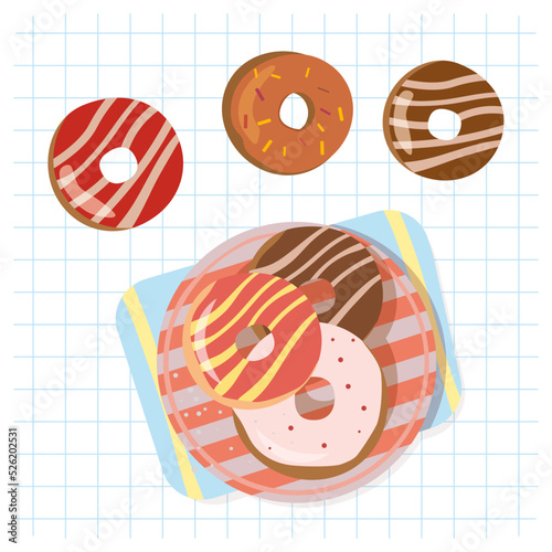 Top view vector illustration of assorted donuts on a plate with striped napkin, accompanied by individual donuts above on a checkered background. Great for pastry designs, food packaging, and cafe vis