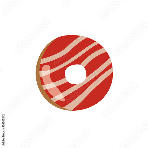 Vector illustration of a single donut with red glaze and beige stripes, isolated on white. Suitable for dessert icons, food packaging, and pastry visuals.