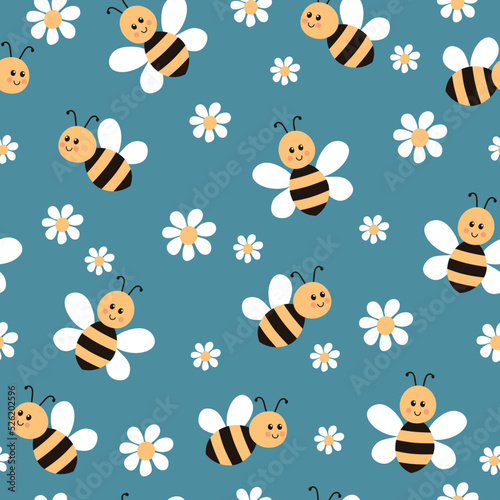 Cute seamless bee pattern. Childish texture with smiling bees and daisies on blue background. Vector illustration. It can be used for wallpapers, wrapping, cards, patterns for clothes and other.