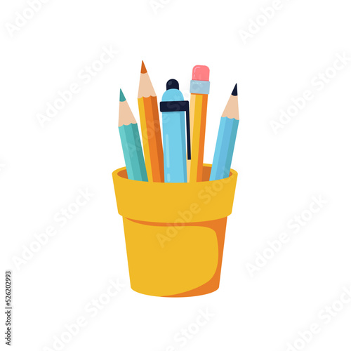School or office cup for pen and pencil on white background. Cartoon flat stationery vector illustrations.
