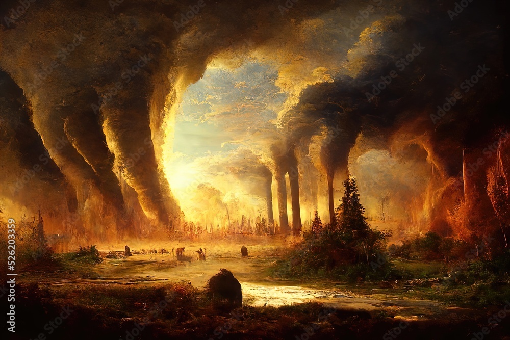 Climate Apocalypse, pollution reaching into the sky with the glow of fires in the distant.