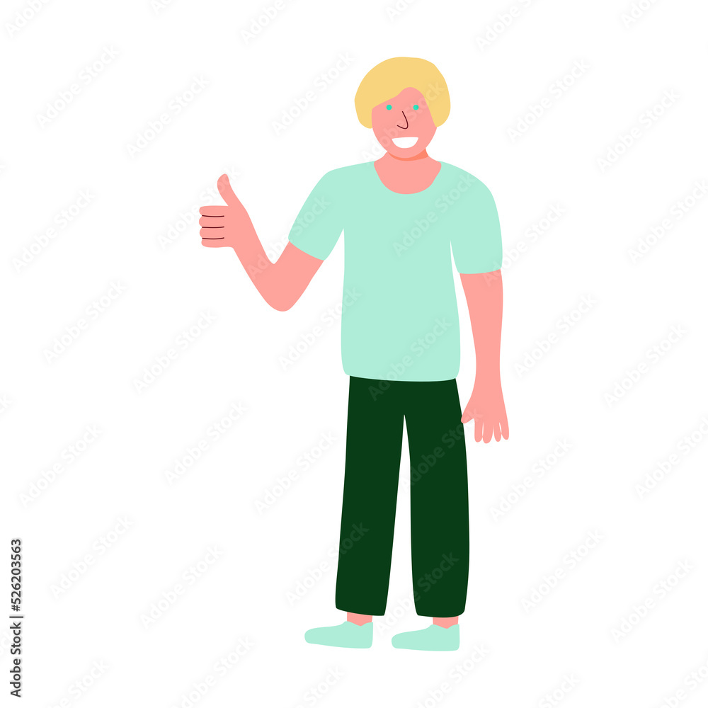 Boy standing and showing positive emotions with thumb up gesture, approval sign, flat raster