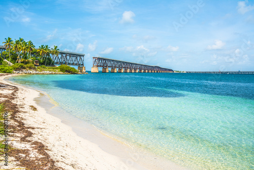 The view from the beach on the broken railroad bridge in Key West, Florida