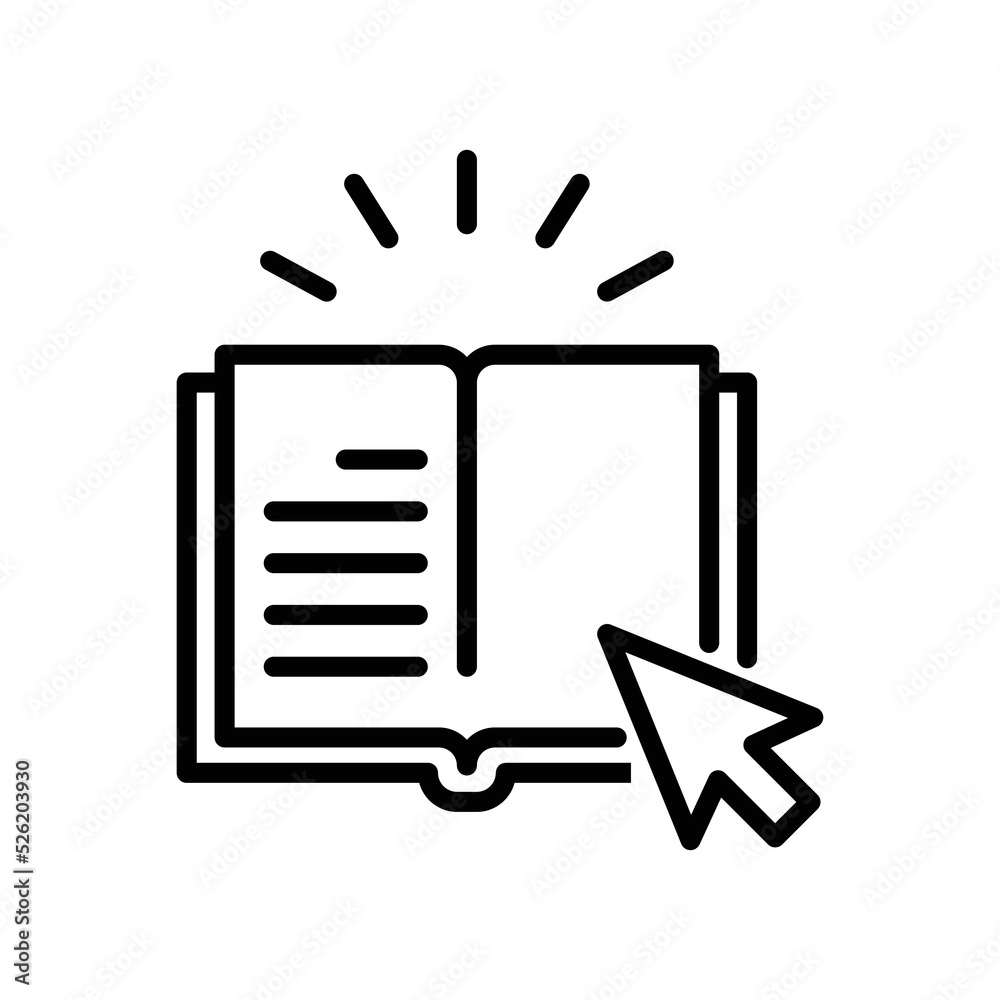 Online library icon. Simple outline style. Open book with cursor, digital course, e-learning, internet education concept. Thin line vector illustration isolated on white background. EPS 10.