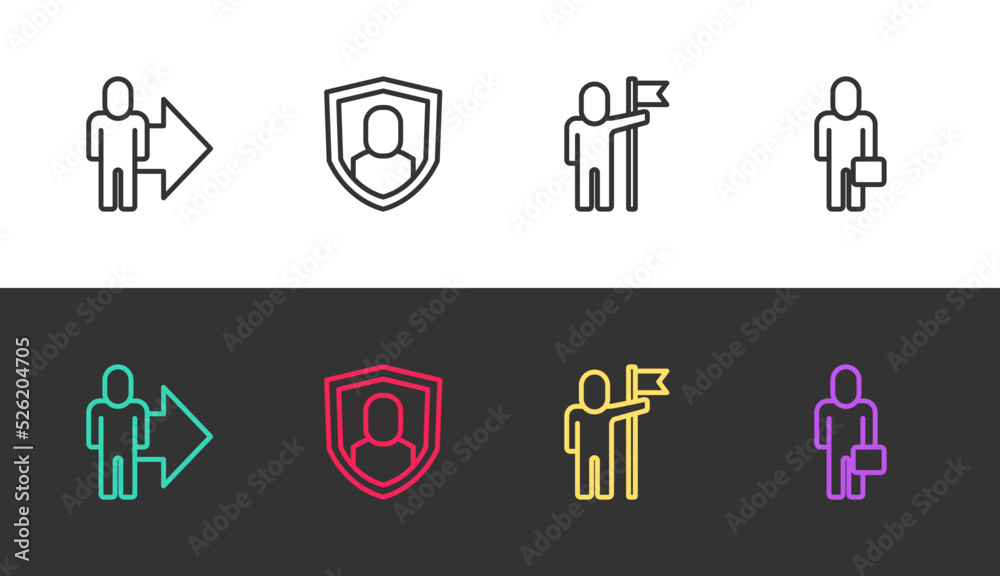 Set line Leader of a team of executives, User protection, Man holding flag and Businessman on black and white. Vector Set line Leader of a team of executives, User protection, Man holding flag and Businessman on black and white. Vector