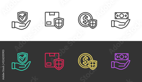 Set line Shield in hand  Delivery security with shield  Money and on black and white. Vector