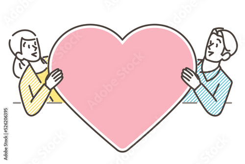 Vector illustration of a couple looking through a heart copy space [concept of love and gifts].