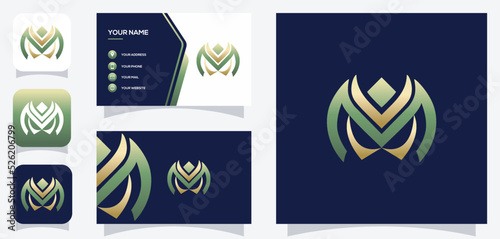 vector graphic of initial MV or VM green and gold color logo design skull eyes with business card