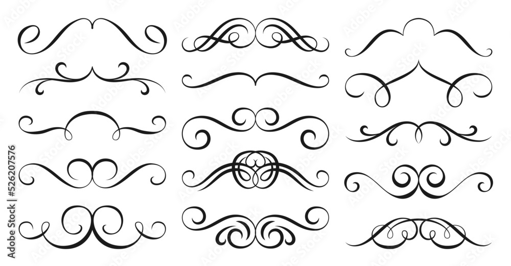 Divider border calligraphy decor set. Frame linear victorian flourishes. Vintage vignette scrolls, swirl black line pattern. Festive hand drawn retro typographic design element for card, menu, diploma