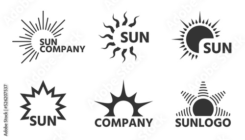 Sun logo flat tag set. Various shape sunshine business emblem. Cartoon summer sunlight rays sunrise sunset badge. Simple graphic solar label. Sunny hot logotype with company name isolated on white