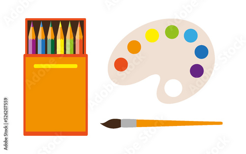 Color pencil paint brush art therapy develop flat set. Children toy active game bright color drawing gouache watercolor palette creative kid development. Object school preschool hobby isolated