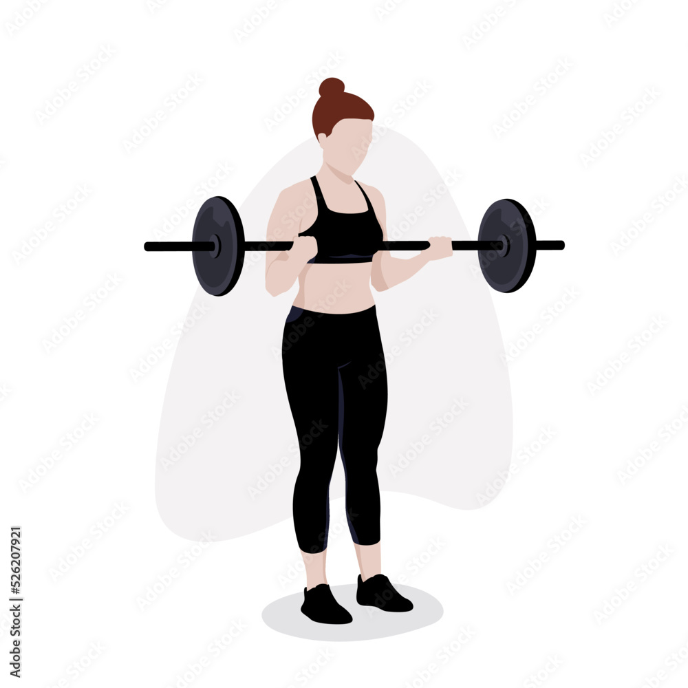 Obraz premium Kobieta z dużą sztangą. Dziewczyna rzeźbiąca ramiona - ćwiczenia na biceps. Trening ramion. Zdrowy tryb życia. Sylwetka wektor na białym tle.