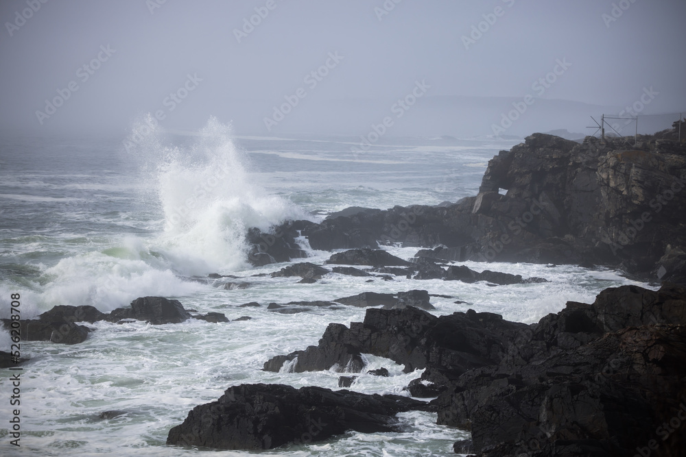 Ocean waves crashing onto a rocky shore on a foggy morning