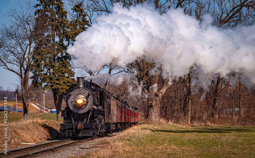 Obraz premium An Antique Steam Passenger Train Approaching on a Single Track Blowing Smoke on a Sunny Day