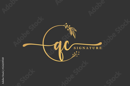 luxury gold signature initial Q C logo design isolated leaf and flower