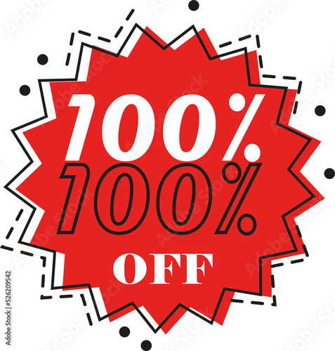 100% discount (one hundred percent) art in red color with black dash and and white numbers