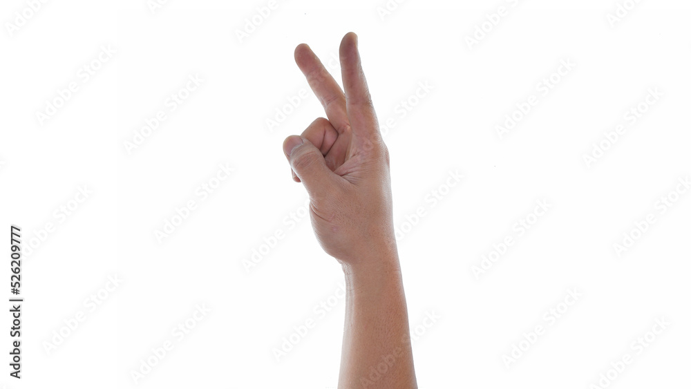 Male hand showing two finger sign isolated on white background Male hand showing two finger sign isolated on white background