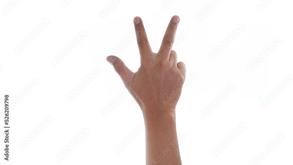 Male hand showing three finger sign isolated on white background Male hand showing three finger sign isolated on white background