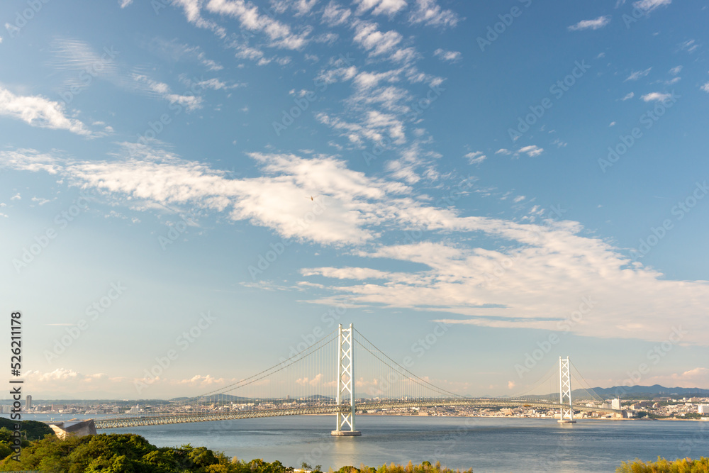 View of Akashi-Kaikyo Bridge from Awaji island in Japan.