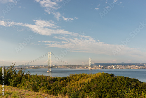 View of Akashi-Kaikyo Bridge from Awaji island in Japan.