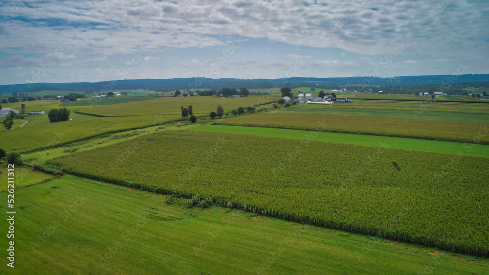 Drone View of Amish Countryside With Barns and Silos and Corn, Patch Work of Color and Corps, on Sunny Day.