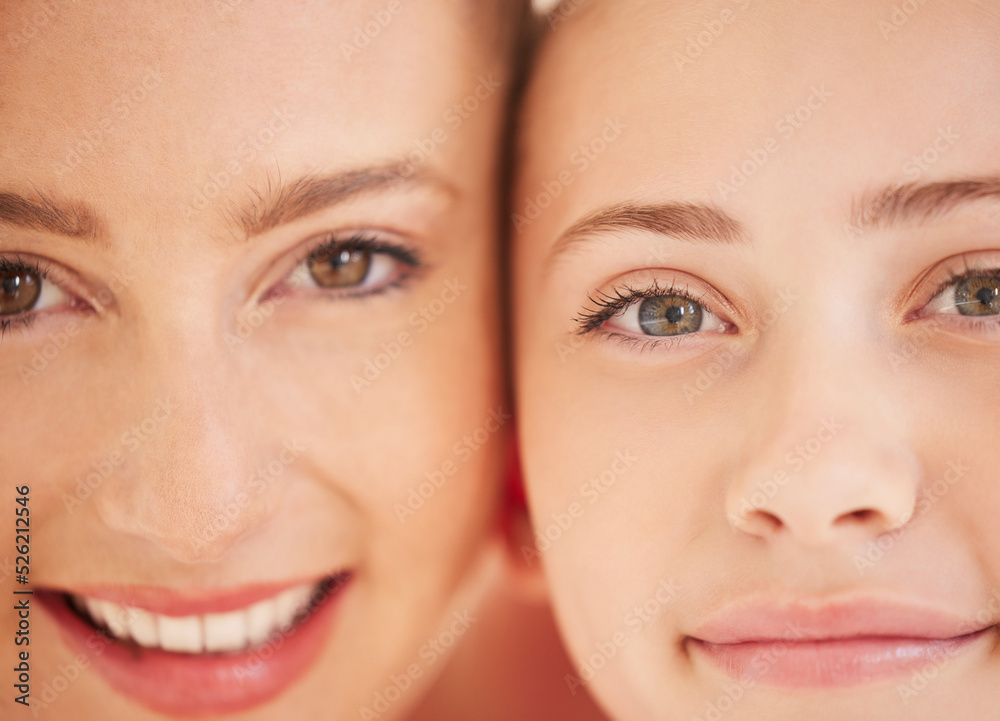 Family, mother and girl child feeling happy and showing sweet smile while standing together. Adoption, relationship and love of a caring mom with her child. Close up of eyes and faces of good dna