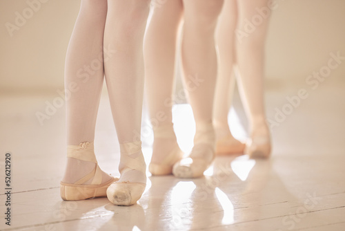 Ballet, feet or shoes of dancers dancing training and practicing for a performance in a studio. Closeup of an elegant, artistic and classy ballerina group or team preparing for a stage competition