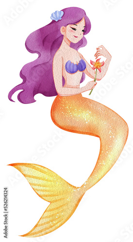 Cute mermaid .Watercolor marine illustration with fishes, mermaids, turtle in style, hand drawn icon png