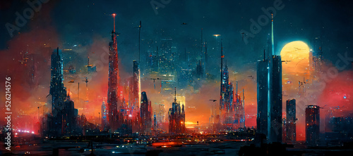Spectacular nighttime in cyberpunk city of the futuristic fantasy world features skyscrapers, flying cars, and neon lights. Digital art 3D illustration. Acrylic painting. photo