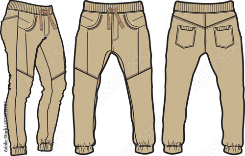 Template trousers pants, front, back and side. Colorful, vector image